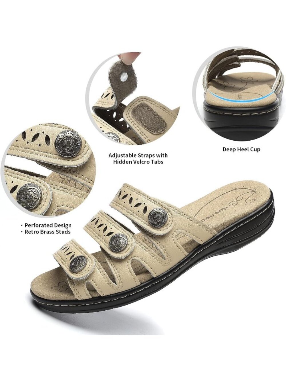 Women's Comfort Leather Slides Flat Sandals Nude Slip On Casual Walking Slippers - Picture 3 of 6
